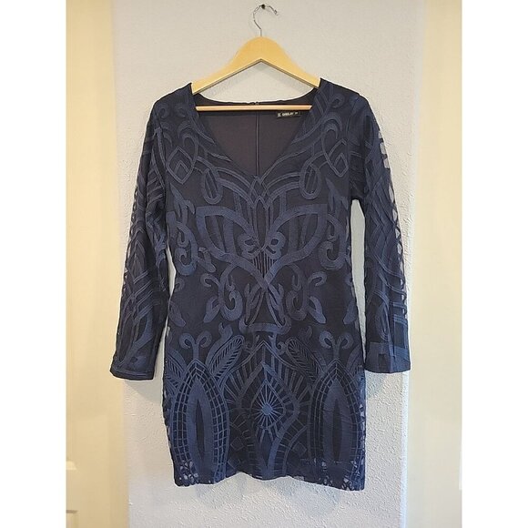 Sheilay Womens Navy Blue Embroidered Long‎ Sleeve V Neck Bodycon Dress Sz M - Picture 2 of 6